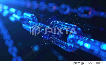 Highly detailed digital rende of a futuristic blockchain chain with interconnected glowing links in a high-tech digital network environment 127980053