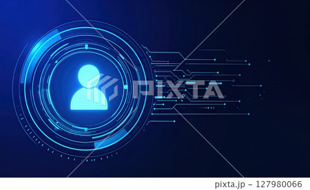Digital user interface with glowing profile icon surrounded by technological data and connection lines, futuristic digital technology concept background 127980066