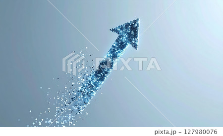 Abstract blue arrow made of sparkling particles pointing upward representing growth progress or success on a light background 127980076