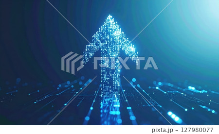 Futuristic digital arrow pointing upward composed of glowing blue data points and lines representing technology innovation and digital growth in a dark background 127980077