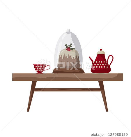 Festive dessert display on wooden table with tea and accessories for a cozy gathering Festive dessert display on wooden table with tea and accessories for a cozy gathering 127980129