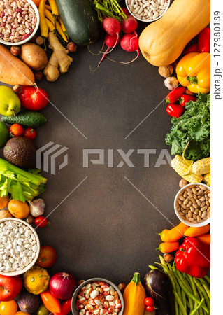 A frame of ripe fresh organic seasonal vegetables from an autumn farm harvest, organic seasonal vegetables 127980189