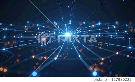 Abstract digital data network and connectivity visualization with bright light burst and interconnected glowing nodes in a dark background 127980225