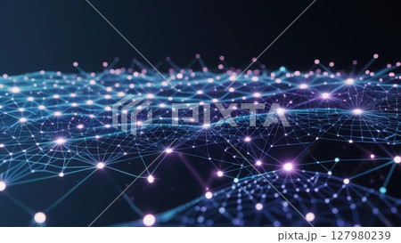 Abstract digital network visualization with interconnected glowing points and flowing lines representing technology connectivity and data communication 127980239