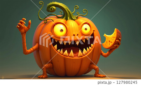 Joyful Pumpkin Monster with Glowing Eyes and Curly Green Stem 127980245