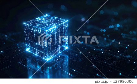 Highly detailed futuristic digital cube with glowing blue circuitry and data connections in a high-tech abstract background, representing advanced technology 127980306