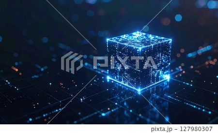 Futuristic digital cube with glowing lines and glowing particles representing technology innovation and data network visualization in high-tech environment Futuristic digital cube with glowing lines and glowing particles representing technology innovation and data network visualization in high-tech environment 127980307