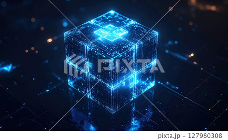 Futuristic digital cube with glowing blue matrix lines representing technology innovation and blockchain concept in a high tech cyber environment 127980308