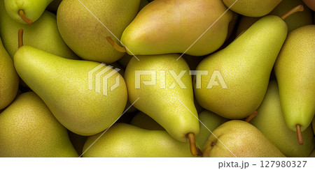 Lots of yellow pears in the supermarket. Storage of pears. Selling pears. 127980327