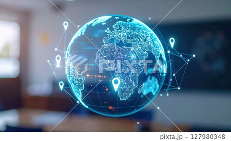 Highly detailed digital globe with interconnected data points representing global communication networks and technology connectivity in a modern office setting 127980348