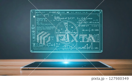 High Technology Digital Tablet Displaying Complex Mathematical Formulas and Graphs in Bright Blue Hologram Over Wooden Surface 127980349