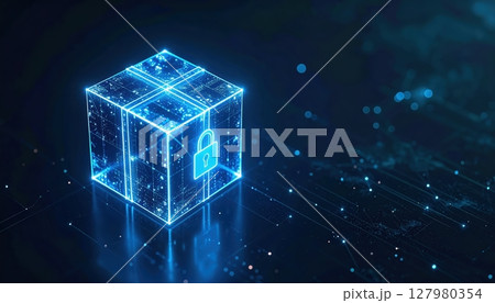 Futuristic digital cube with glowing lock icon representing cybersecurity security data protection or blockchain technology concept in a dark technological background 127980354