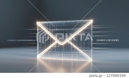 Futuristic glowing email icon made of illuminated neon lights with digital binary numbers and data stream background on dark reflective surface 127980394
