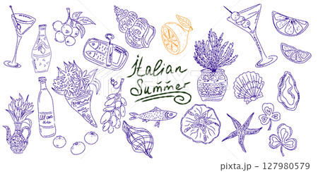 Whimsical hand drawn sketch set inspired by Mediterranean lifestyle. Includes food, drinks, flowers, summer decor and travel elements. Perfect for branding, packaging, prints, and stickers. 127980579