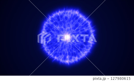 Electric blue glowing sphere with a bright center and textured energy surface on a deep blue background Electric blue glowing sphere with a bright center and textured energy surface on a deep blue background 127980615