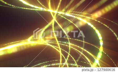 Bright golden-yellow energy streams crossing in dynamic arcs, forming a glowing grid of motion and light 127980616