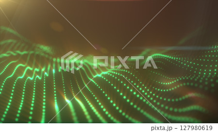 Abstract futuristic background featuring green glowing digital particles forming dynamic waves, sci-fi and tech concept Abstract futuristic background featuring green glowing digital particles forming dynamic waves, sci-fi and tech concept 127980619