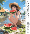 河原キャンプでスイカを食べる少女 127980774