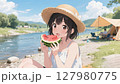 河原キャンプでスイカを食べる少女 127980775