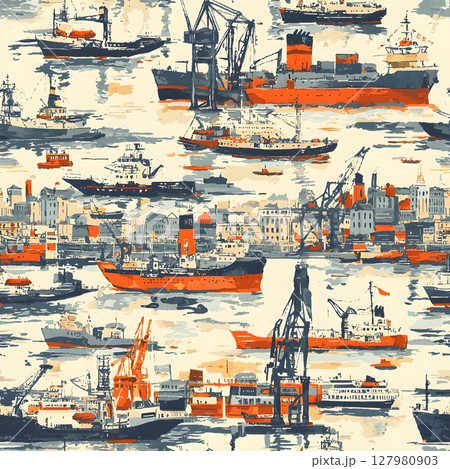 Busy Harbor A Vintage Ship Scene. 127980903