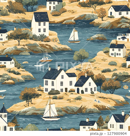 Coastal Cottage Charm Seaside Village Scene. 127980904