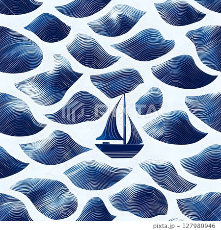 Sailboat on a Sea of Blue Waves. Sailboat on a Sea of Blue Waves. 127980946