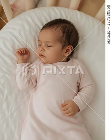 Sweet baby peacefully asleep in cozy crib Sweet baby peacefully asleep in cozy crib 127980968