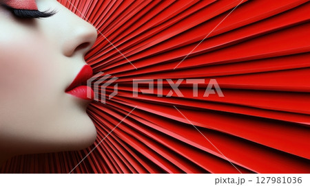 red lips dramatic makeup closeup face red background beauty port 127981036