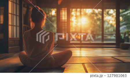 woman meditating at sunrise in peaceful zen garden 127981063