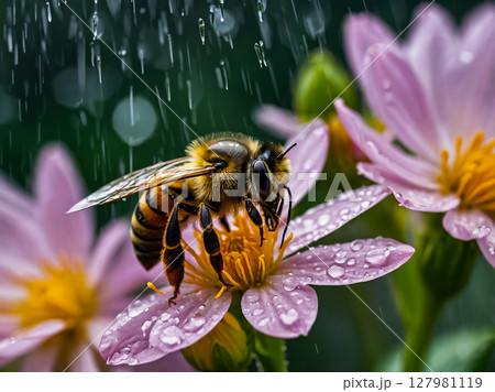 A honey bee standing pollinating on a blooming pink flower covered with rain water drops. A honey bee standing pollinating on a blooming pink flower covered with rain water drops. 127981119