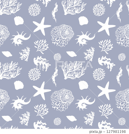 Seamless vector pattern with white silhouettes of seashells and corals on a blue background. Ideal for marine, ocean, and beach-themed designs. Perfect for textiles, wallpapers, and digital prints. 127981198