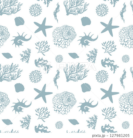 Seamless vector pattern featuring outlines of shells, corals, and marine life elements like starfish and nautilus. Perfect for ocean-themed designs, textiles, and wallpapers. Ideal for marine-inspired Seamless vector pattern featuring outlines of shells, corals, and marine life elements like starfish and nautilus. Perfect for ocean-themed designs, textiles, and wallpapers. Ideal for marine-inspired 127981205