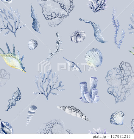 Seamless watercolor pattern featuring marine shells and coral elements. Perfect for coastal and nautical designs, this artwork captures the beauty of the ocean and marine life in a hand drawn style. Seamless watercolor pattern featuring marine shells and coral elements. Perfect for coastal and nautical designs, this artwork captures the beauty of the ocean and marine life in a hand drawn style. 127981213
