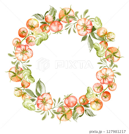Watercolor illustration of a round tomato wreath frame with basil and cherry tomatoes. Hand drawn food design with leaves. Perfect for harvest, vegetable garden, and cooking themes. 127981217