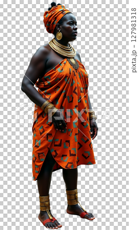 A Ndebele woman stands gracefully in Zimbabwe, adorned with multiple brass neck rings and vibrant geometric clothing. Her attire reflects cultural heritage and artistic expression. A Ndebele woman stands gracefully in Zimbabwe, adorned with multiple brass neck rings and vibrant geometric clothing. Her attire reflects cultural heritage and artistic expression. 127981318