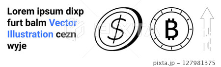 Two coins featuring dollar sign and bitcoin, upward arrow indicating growth, lorem ipsum text. Ideal for finance, investments, cryptocurrency, economics, business growth, market trends, digital Two coins featuring dollar sign and bitcoin, upward arrow indicating growth, lorem ipsum text. Ideal for finance, investments, cryptocurrency, economics, business growth, market trends, digital 127981375