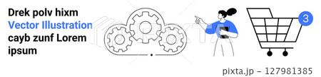 Shopping cart, three interconnected gears, and woman holding a clipboard. Ideal for e-commerce, online shopping, digital marketing, technology solutions, customer service, business strategy, project 127981385