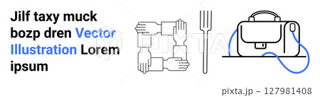 Four intertwined hands, a fork, and a bag. Ideal for teamwork, culinary themes, travel blogs, educational content, social initiatives, marketing materials, and business presentations. Landing page Four intertwined hands, a fork, and a bag. Ideal for teamwork, culinary themes, travel blogs, educational content, social initiatives, marketing materials, and business presentations. Landing page 127981408