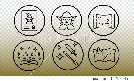 Fantasy RPG game icons set. Magic adventure line symbols outline for online board games UI fantasy blogs. Black linear vector icons on soft gradient transparent background. Fantasy RPG game icons set. Magic adventure line symbols outline for online board games UI fantasy blogs. Black linear vector icons on soft gradient transparent background. 127981459