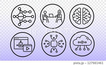 AI education icons technology. Machine learning symbols future education innovation. AI training robotics data science. Black line art style vector icons on gradient background 127981461