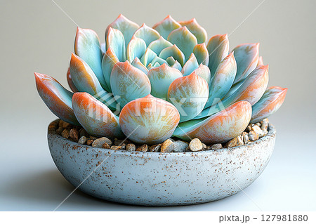 Minimalist or contemporary interior design imagery. Small potted succulent with thick, fleshy leaves on a white background. Minimalist or contemporary interior design imagery. Small potted succulent with thick, fleshy leaves on a white background. 127981880