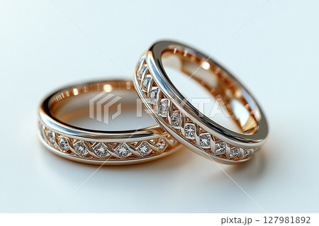 Pair of white gold wedding rings on a white background. 127981892