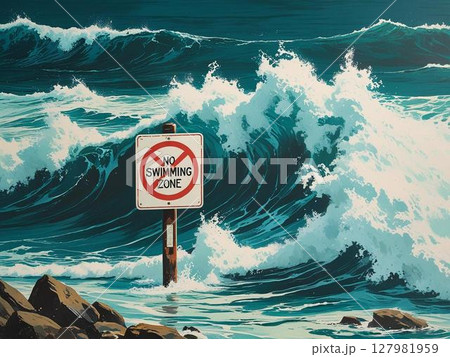遊泳禁止区域の警告看板 127981959