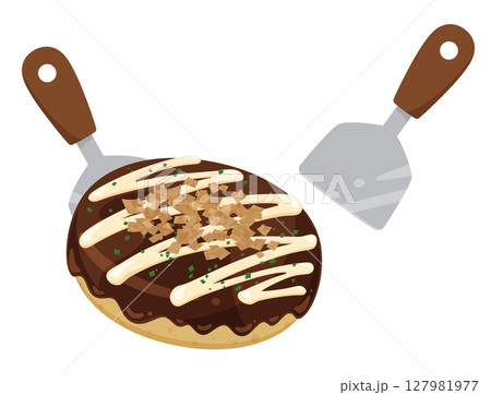 お好み焼きをヘラでひっくり返すイラスト 127981977