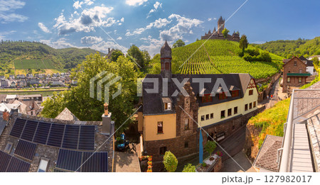 Reichsburg hill and vineyards in Cochem, Germany 127982017
