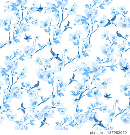 Chinoiserie floral seamless pattern with birds and flowers. 127982029