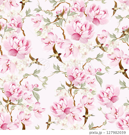 Chinoiserie floral seamless pattern with birds and flowers. 127982039