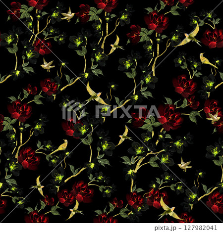 Chinoiserie floral seamless pattern with birds and flowers. 127982041