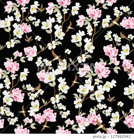 Chinoiserie floral seamless pattern with birds and flowers. Chinoiserie floral seamless pattern with birds and flowers. 127982042