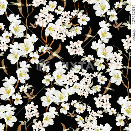 Chinoiserie floral seamless pattern with birds and flowers. 127982050